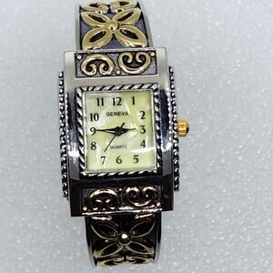 Celtic motif metal art deco heart weave Duo Silver Gold Tone bracelet cuff watch